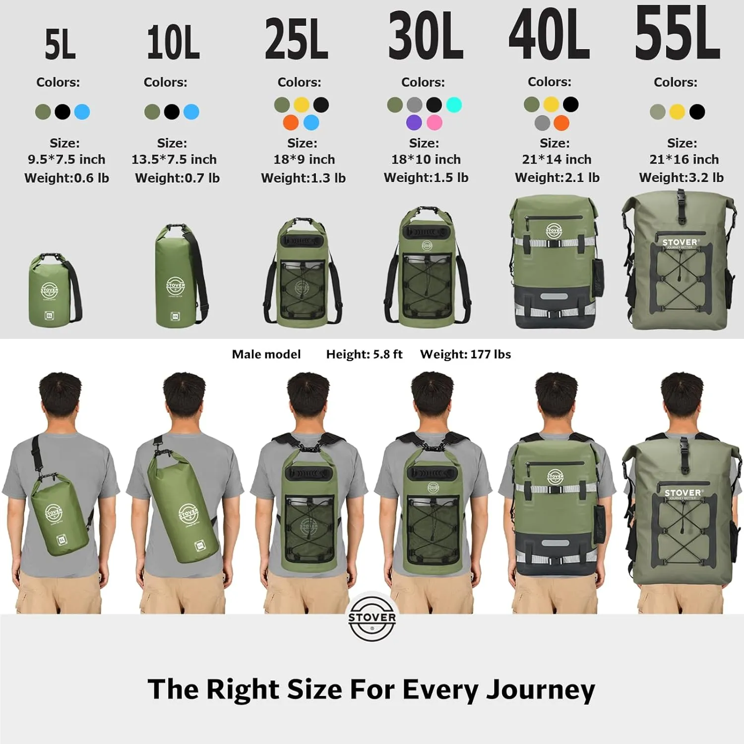 STOVER 5/10/25/30/40/55L Waterproof Dry Backpack- Medium Floating Dry Bag for Kayaking, Travel, Tubing, Hiking, Fishing, Camping, Motorcycles & Beach, Heavy Duty Roll Top Men/Women (Green)