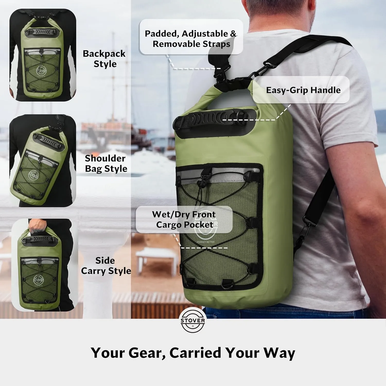 STOVER 5/10/25/30/40/55L Waterproof Dry Backpack- Medium Floating Dry Bag for Kayaking, Travel, Tubing, Hiking, Fishing, Camping, Motorcycles & Beach, Heavy Duty Roll Top Men/Women (Green)