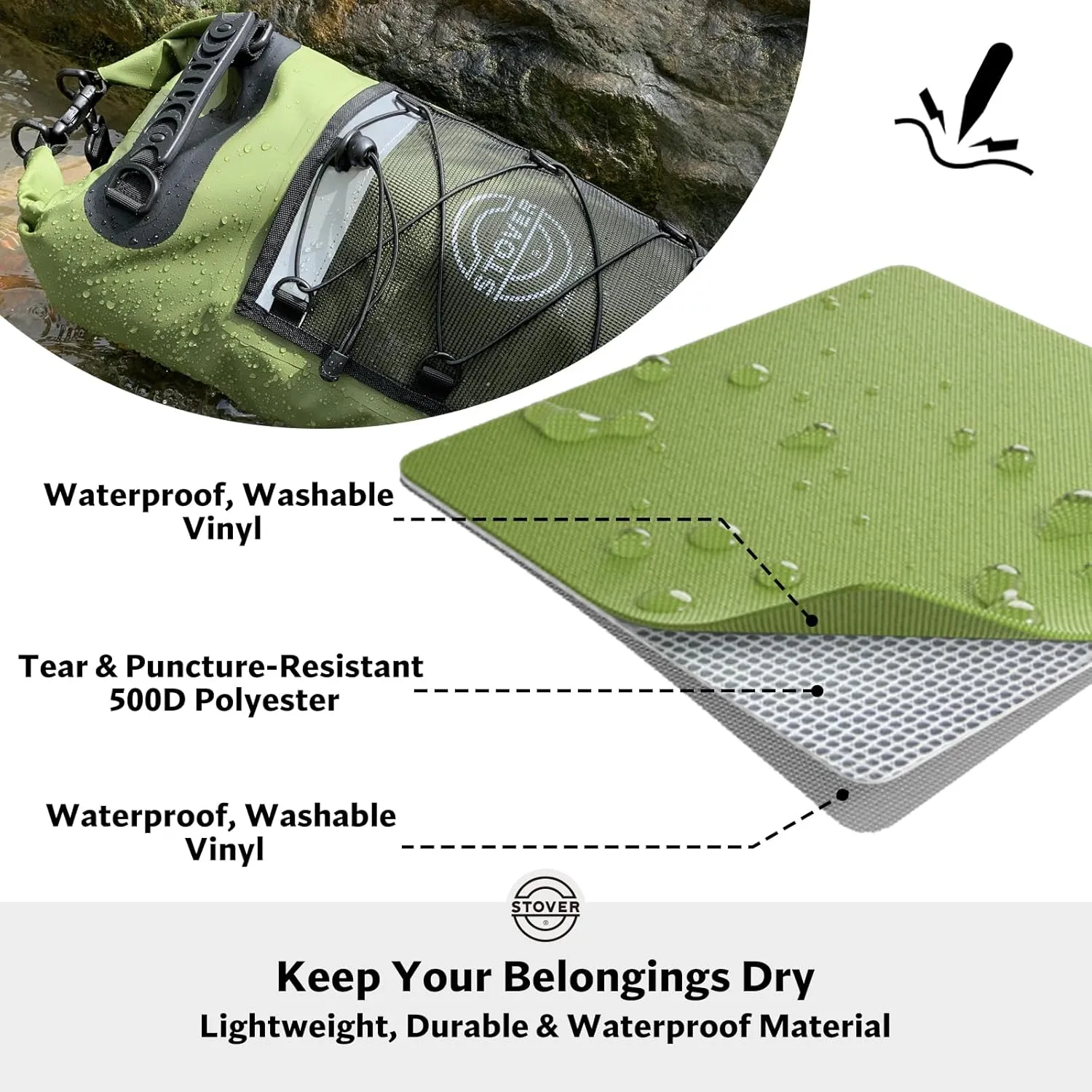 STOVER 5/10/25/30/40/55L Waterproof Dry Backpack- Medium Floating Dry Bag for Kayaking, Travel, Tubing, Hiking, Fishing, Camping, Motorcycles & Beach, Heavy Duty Roll Top Men/Women (Green)