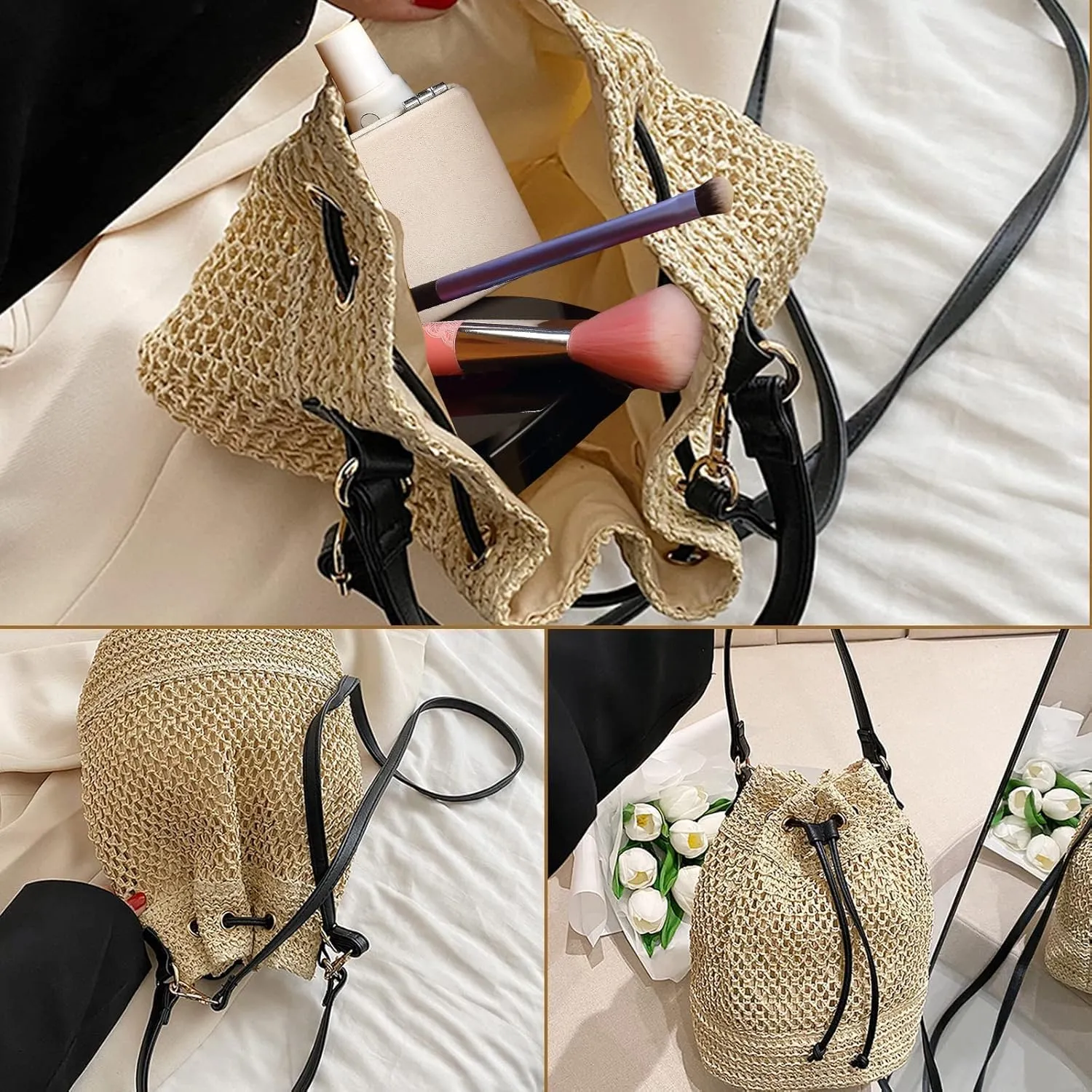 Straw Woven Shell Shape Tote Bag, Rattan Shoulder Bag Summer Beach Crossbody Purse Handbag for Women Travel