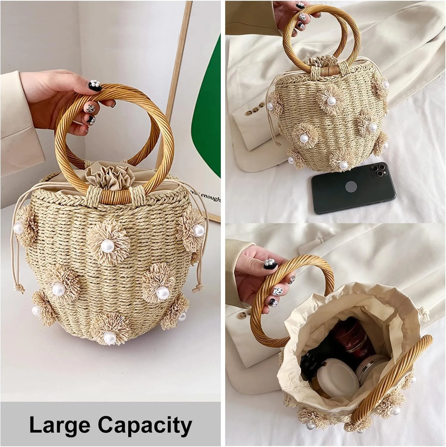 Straw Woven Shell Shape Tote Bag, Rattan Shoulder Bag Summer Beach Crossbody Purse Handbag for Women Travel