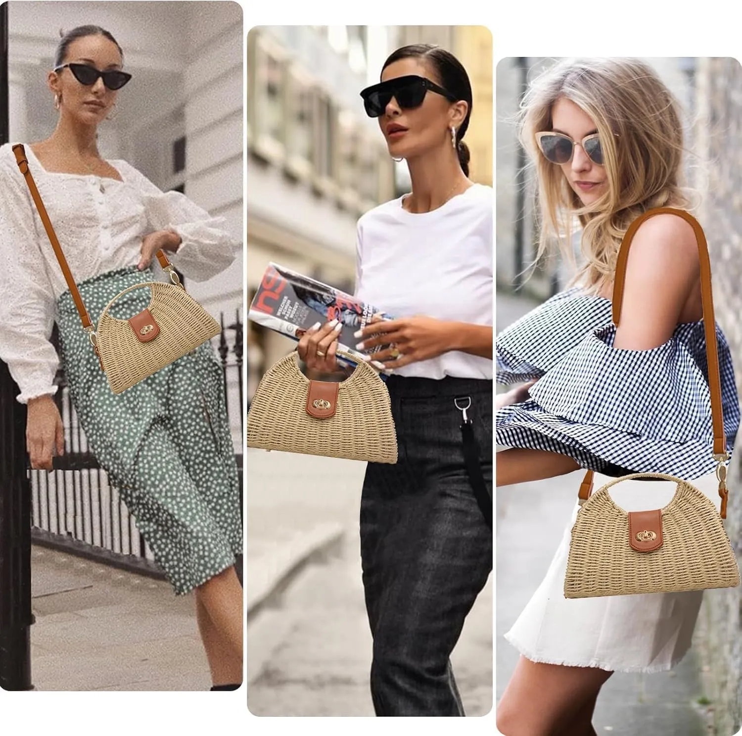 Straw Woven Shell Shape Tote Bag, Rattan Shoulder Bag Summer Beach Crossbody Purse Handbag for Women Travel