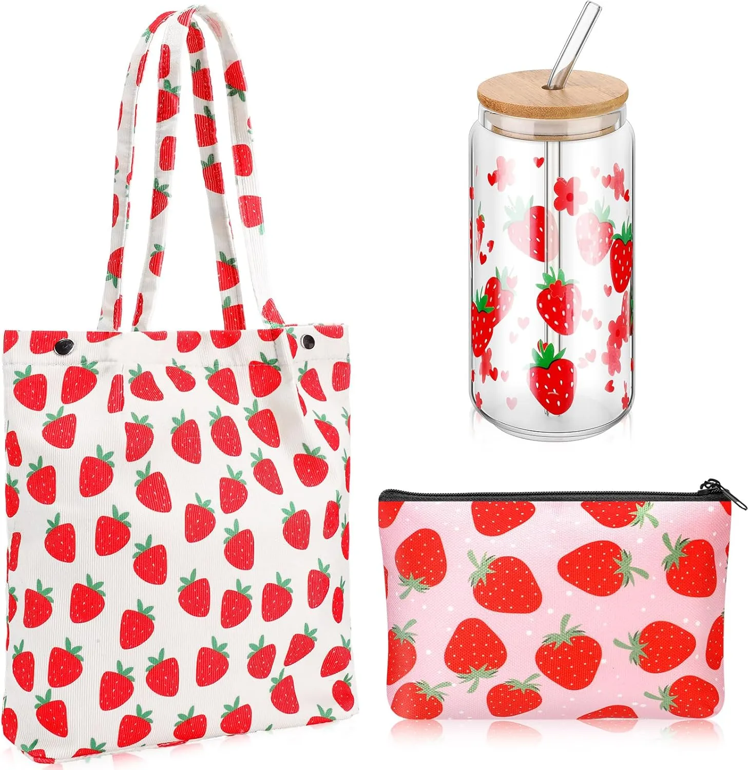 Strawberry Gift Set, Included 16oz Glass Cups with Lids and Straws Waterproof Travel Bag Pouch Strawberry Makeup Bag and Corduroy Tote for Women Christmas Birthday Mothers Day
