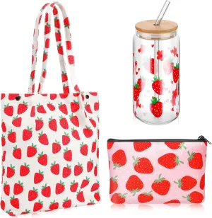 Strawberry Gift Set, Included 16oz Glass Cups with Lids and Straws Waterproof Travel Bag Pouch Strawberry Makeup Bag and Corduroy Tote for Women Christmas Birthday Mothers Day