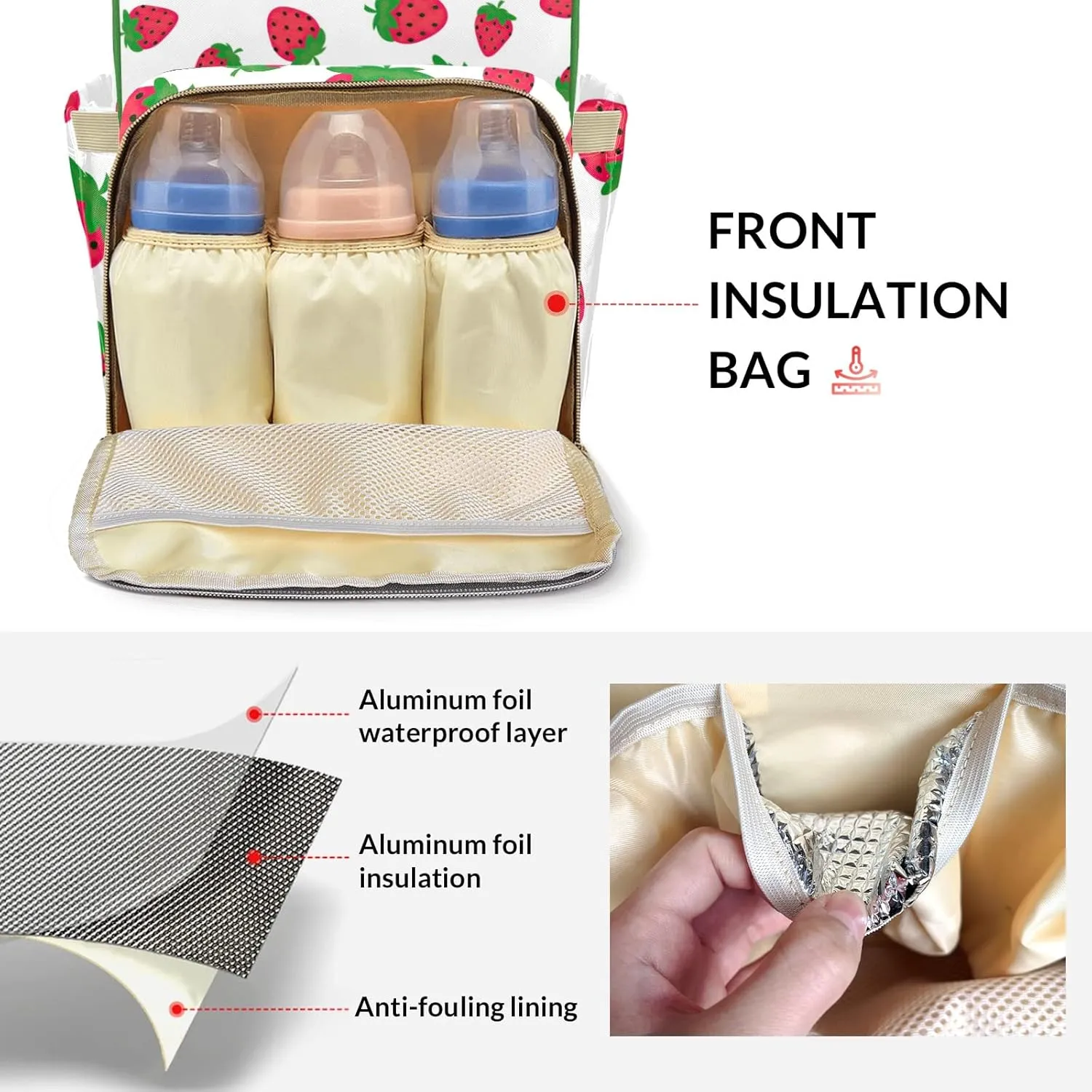 Strawberry Pattern Diaper Bag Custom with Text Tote Bag Personalized Present Mummy Backpack