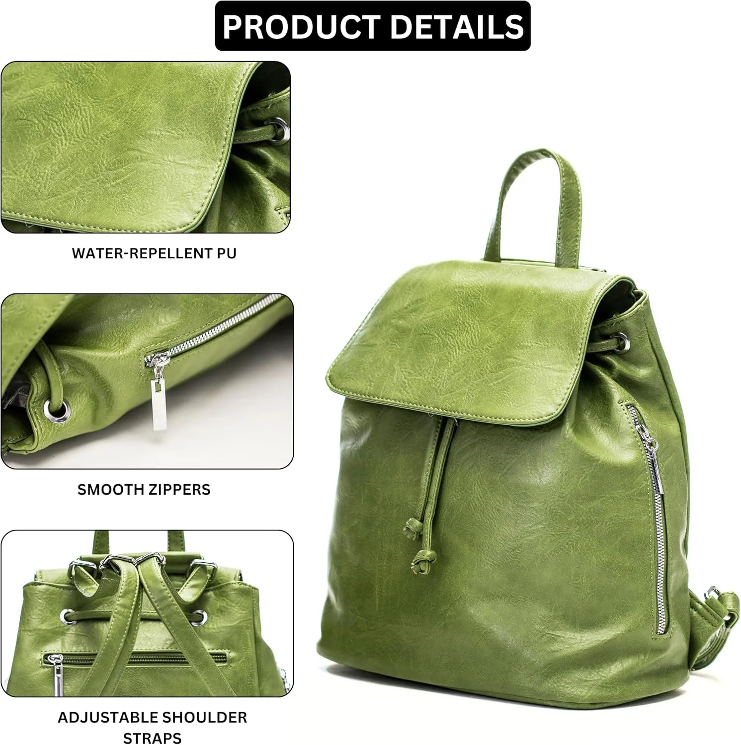 Stylish Flap Top Backpack for Women – Travel & Everyday Faux Leather Rucksack with Zip Pockets – Jude (Green)