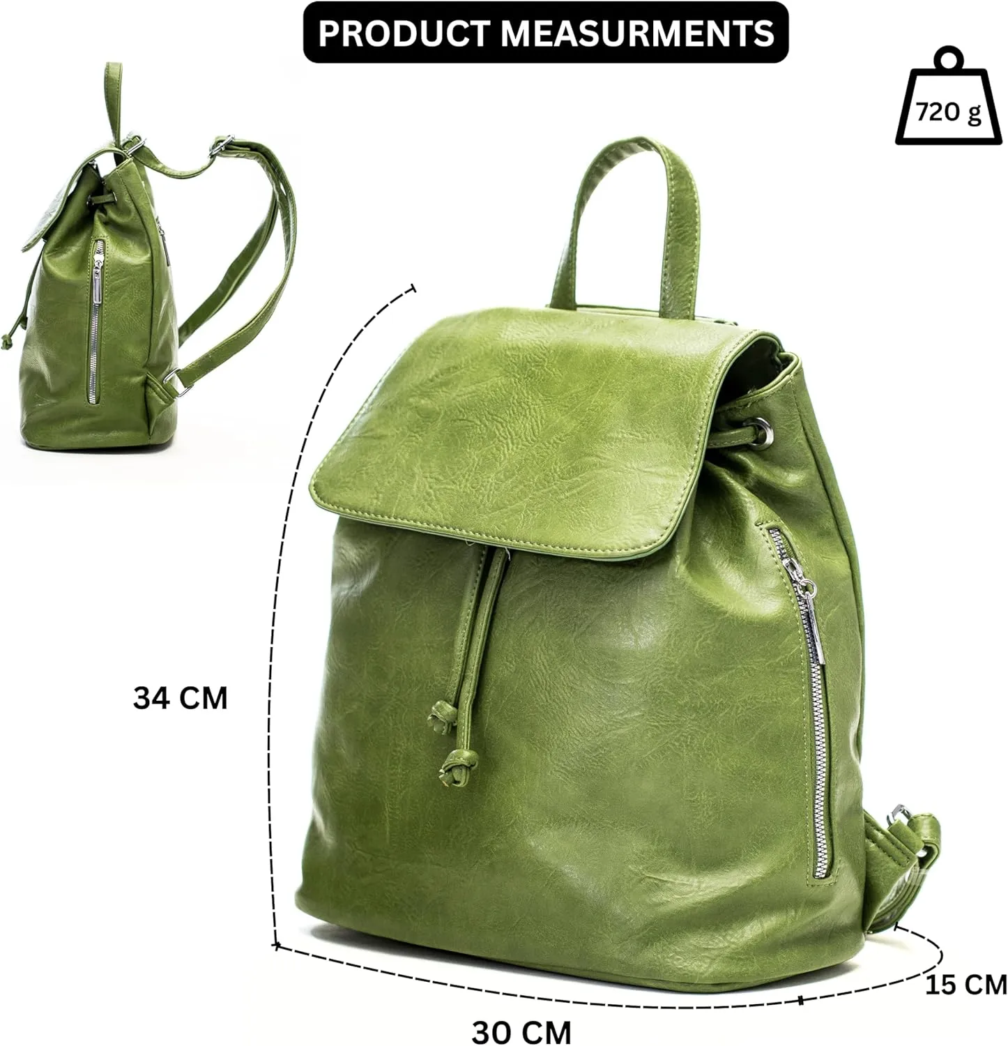 Stylish Flap Top Backpack for Women – Travel & Everyday Faux Leather Rucksack with Zip Pockets – Jude (Green)