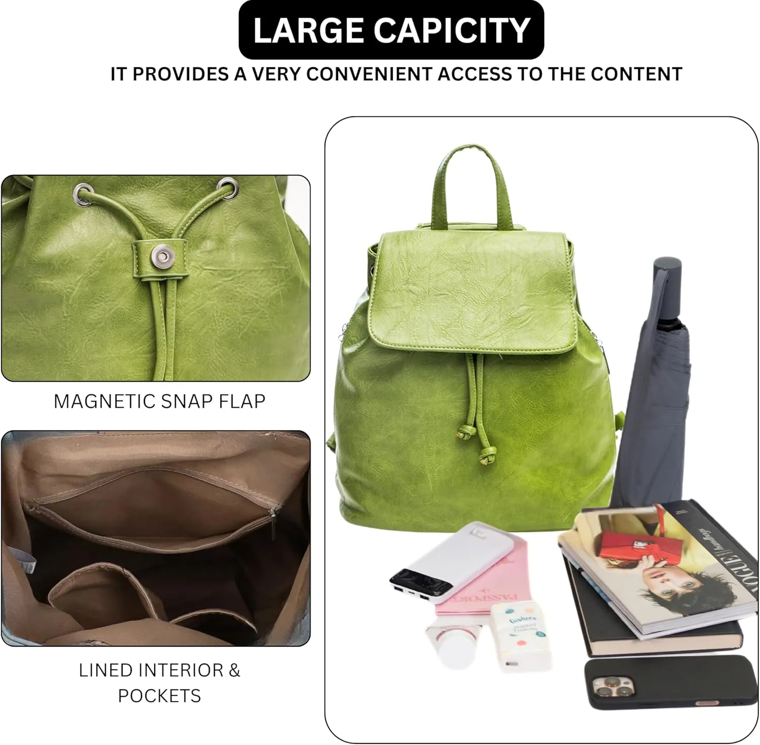 Stylish Flap Top Backpack for Women – Travel & Everyday Faux Leather Rucksack with Zip Pockets – Jude (Green)