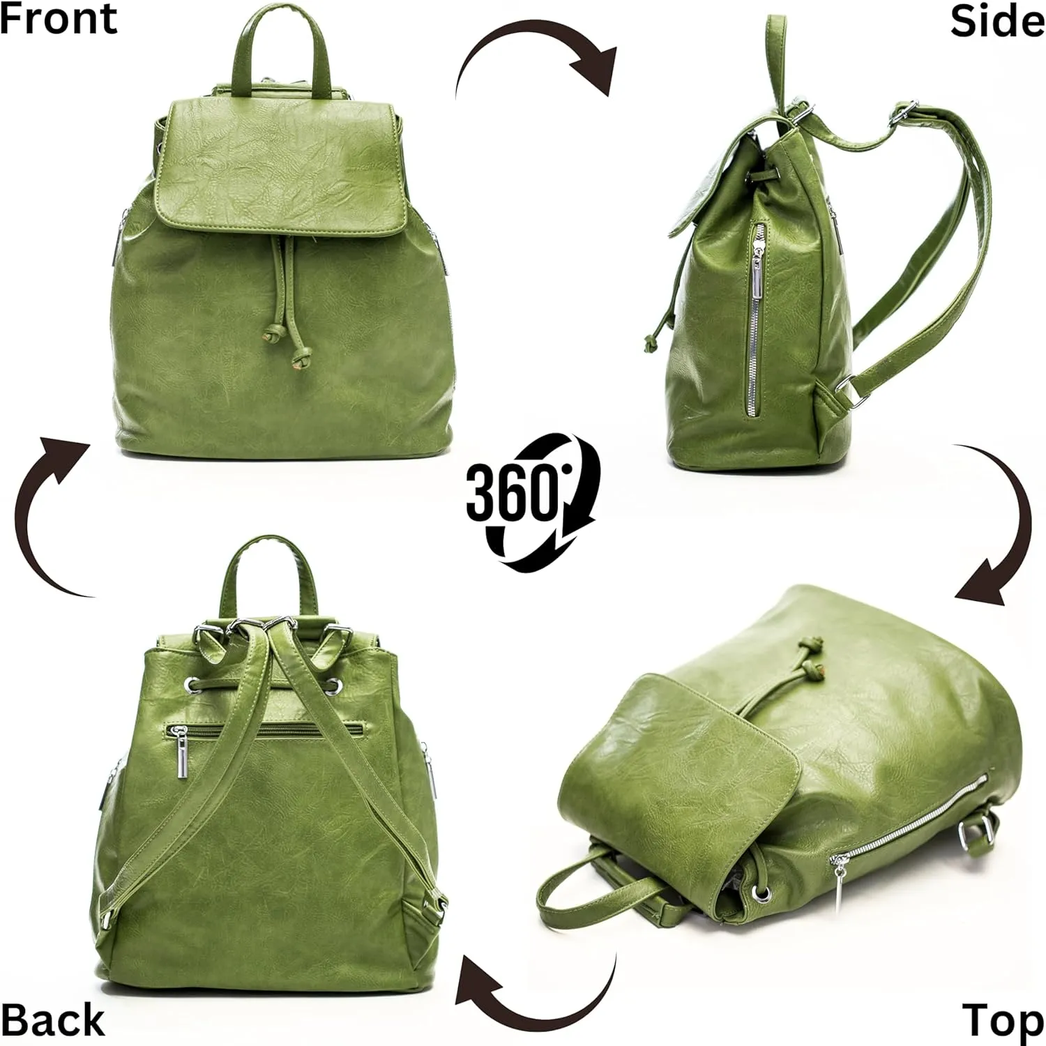 Stylish Flap Top Backpack for Women – Travel & Everyday Faux Leather Rucksack with Zip Pockets – Jude (Green)