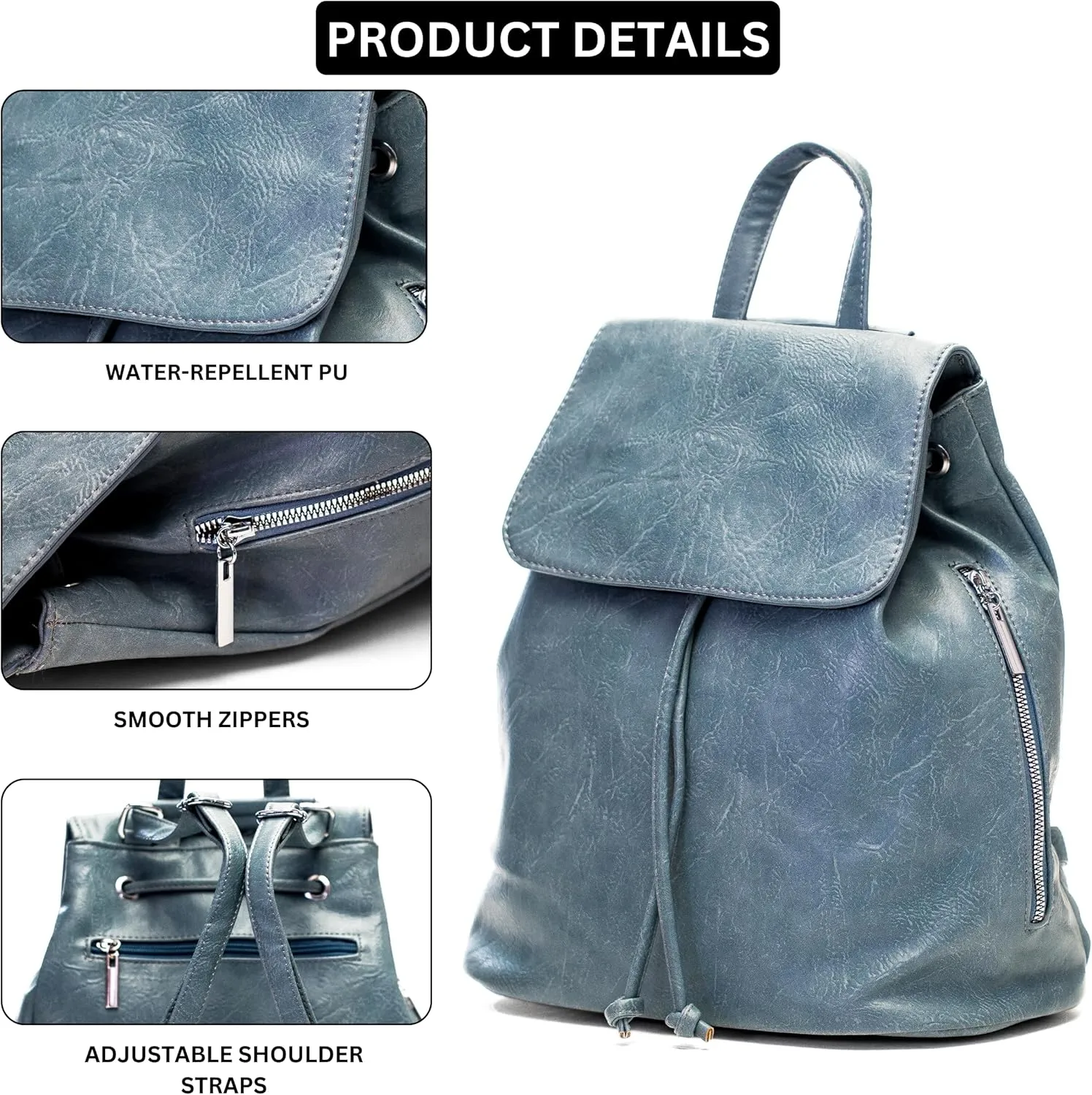 Stylish Flap Top Backpack for Women – Travel & Everyday Faux Leather Rucksack with Zip Pockets – Jude (Light Blue)