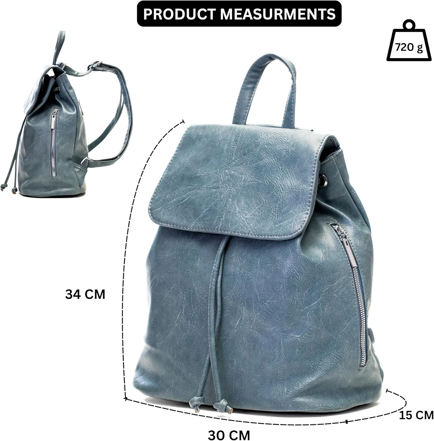 Stylish Flap Top Backpack for Women – Travel & Everyday Faux Leather Rucksack with Zip Pockets – Jude (Light Blue)