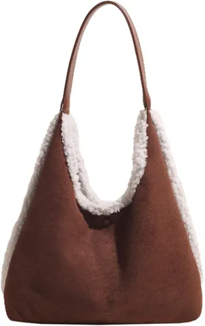 Suede Handbag for Women Shoulder Bag with Lamb Wool Vintage Soft Plush Top Handle Bag Large Capacity Tote Bag