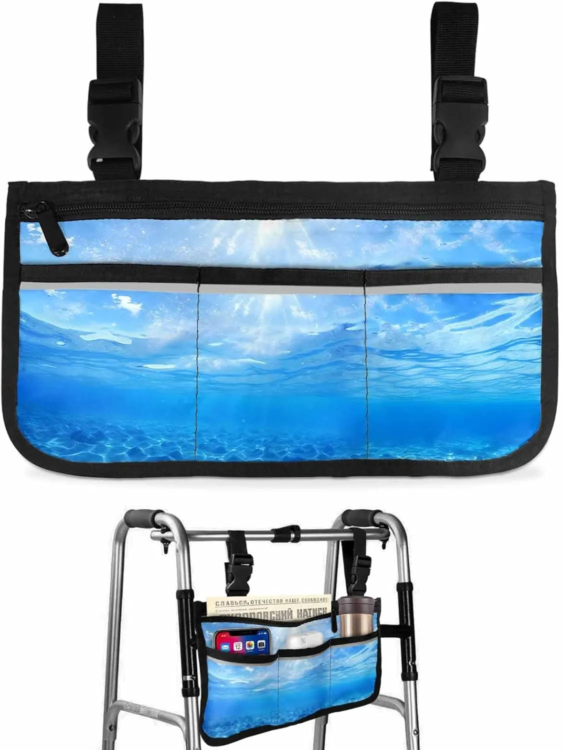 Summer Sea Wheelchair Side Bag, Fantasy Gradual Solid Blue Ocean Seawater Wheelchair Walker Armrest Bags with Cup Holder & Reflective Stripes, Mobility Scooter Walker Rollator Wheelchair Accessories