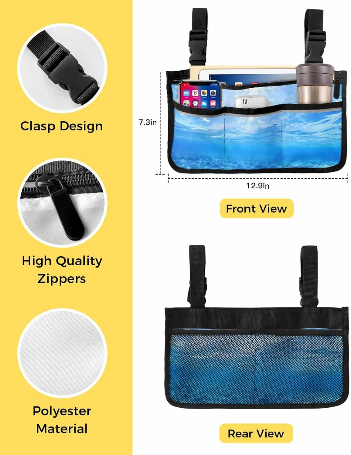 Summer Sea Wheelchair Side Bag, Fantasy Gradual Solid Blue Ocean Seawater Wheelchair Walker Armrest Bags with Cup Holder & Reflective Stripes, Mobility Scooter Walker Rollator Wheelchair Accessories