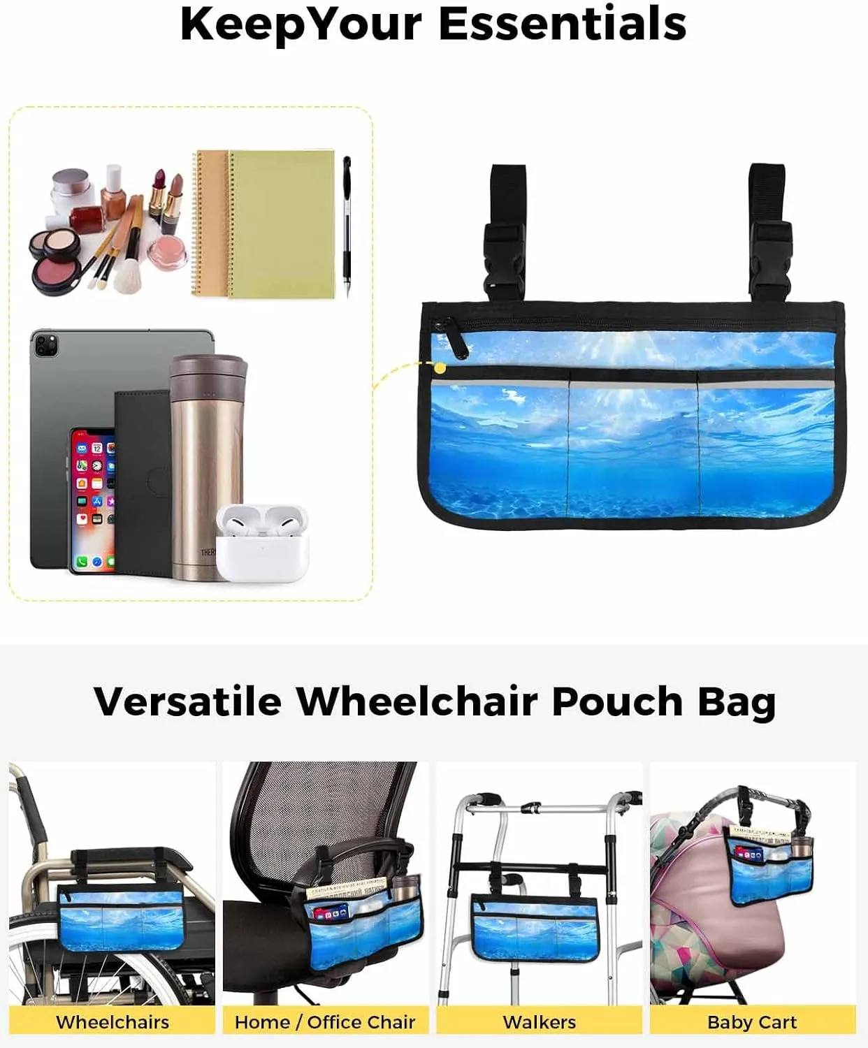 Summer Sea Wheelchair Side Bag, Fantasy Gradual Solid Blue Ocean Seawater Wheelchair Walker Armrest Bags with Cup Holder & Reflective Stripes, Mobility Scooter Walker Rollator Wheelchair Accessories
