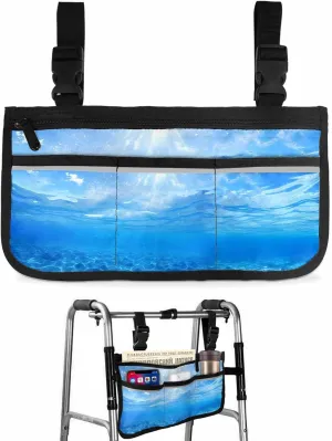 Summer Sea Wheelchair Side Bag, Fantasy Gradual Solid Blue Ocean Seawater Wheelchair Walker Armrest Bags with Cup Holder & Reflective Stripes, Mobility Scooter Walker Rollator Wheelchair Accessories