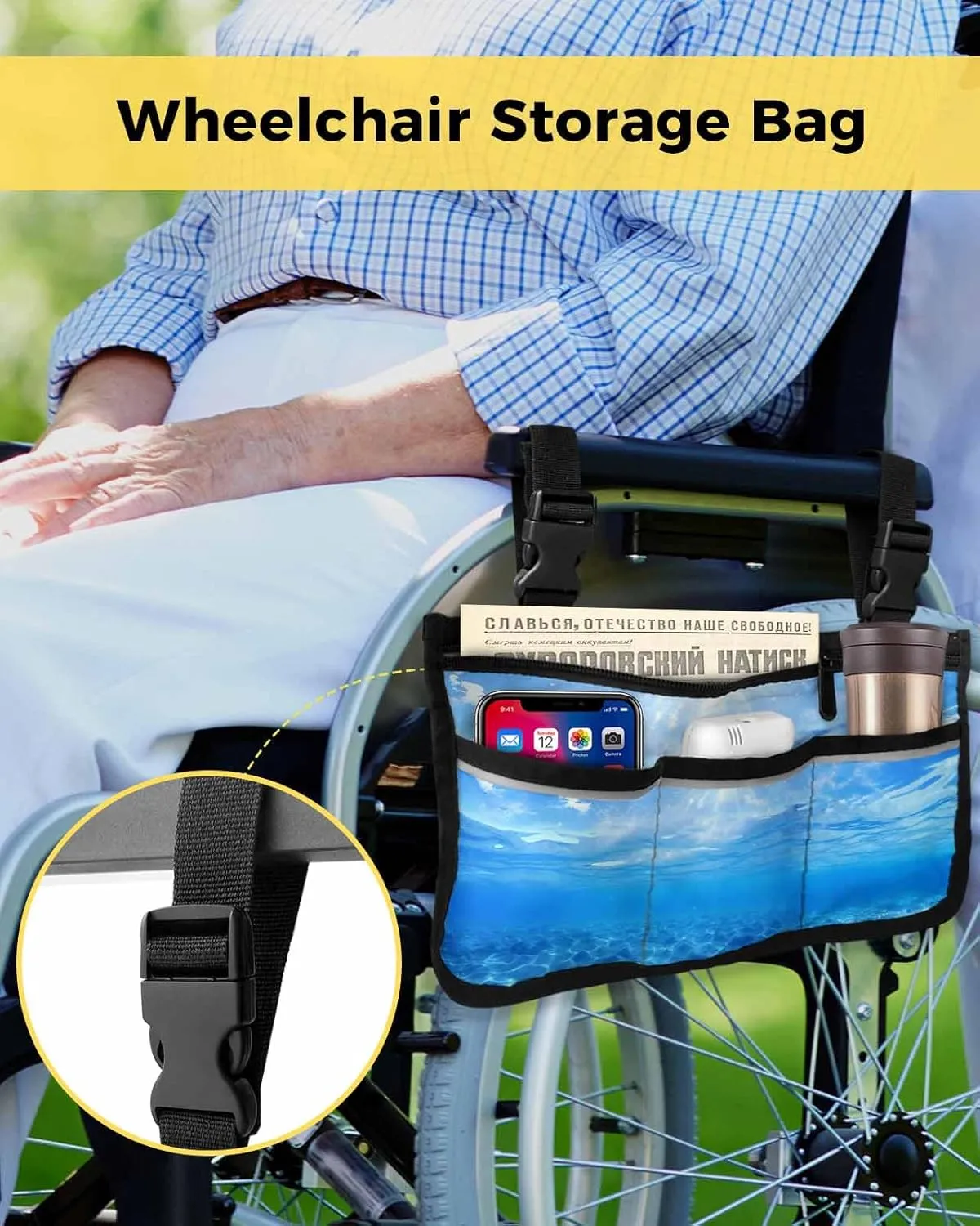 Summer Sea Wheelchair Side Bag, Fantasy Gradual Solid Blue Ocean Seawater Wheelchair Walker Armrest Bags with Cup Holder & Reflective Stripes, Mobility Scooter Walker Rollator Wheelchair Accessories