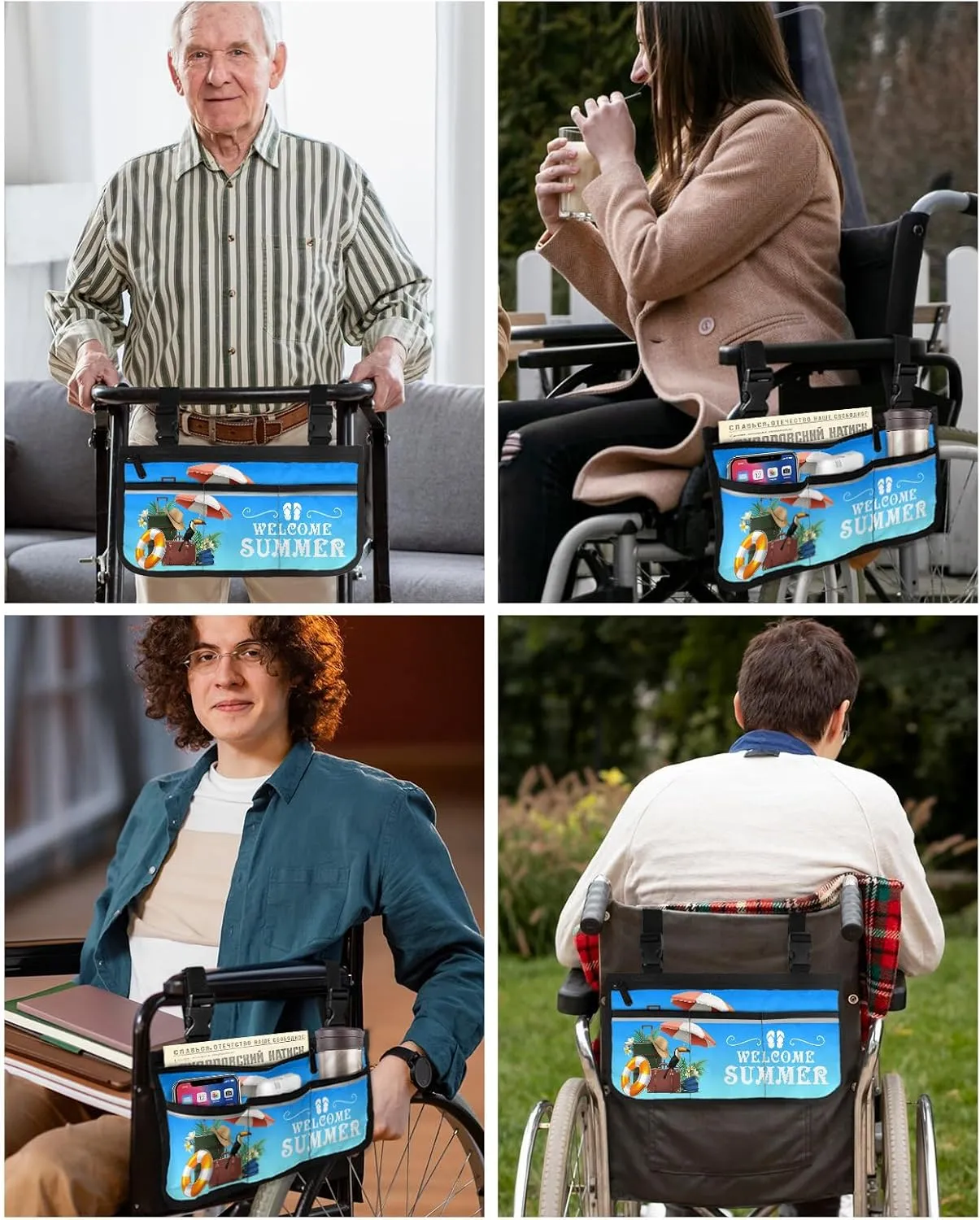 Summer Wheelchair Side Bag Walker Bag Walker Accessories Armrest Storage Pouches with Reflective Stripes Organizer Bag Welcome Summer Handbag Swim Ring Hat Holiday Blue Wheelchair Bag for Rollator