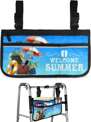 Summer Wheelchair Side Bag Walker Bag Walker Accessories Armrest Storage Pouches with Reflective Stripes Organizer Bag Welcome Summer Handbag Swim Ring Hat Holiday Blue Wheelchair Bag for Rollator