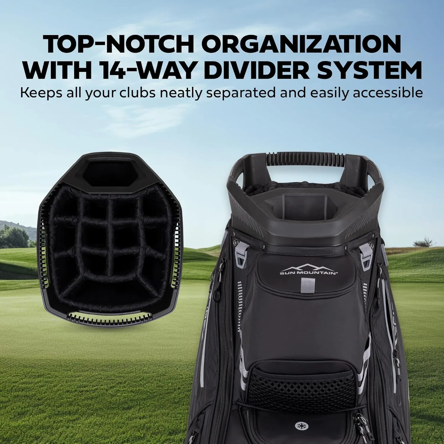Sun Mountain 2025 C-130 14 Way Golf Bag with Full-Length Dividers and 11 Pockets for Ultimate Convenience - Lightweight Golf Cart Bag with Cart Strap Pass-Through Ideal for Golf Carts