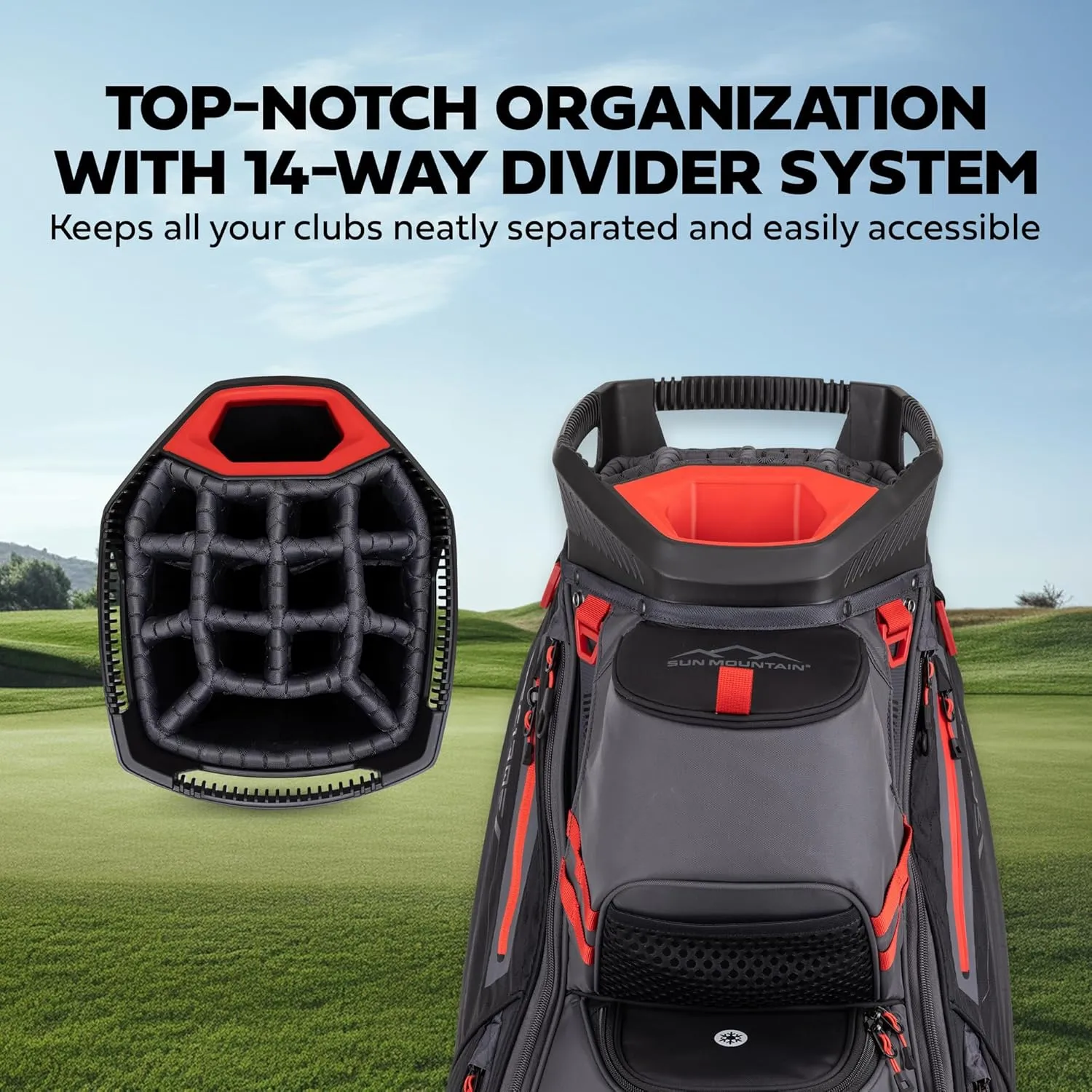 Sun Mountain 2025 C-130 14 Way Golf Bag with Full-Length Dividers and 11 Pockets for Ultimate Convenience - Lightweight Golf Cart Bag with Cart Strap Pass-Through Ideal for Golf Carts