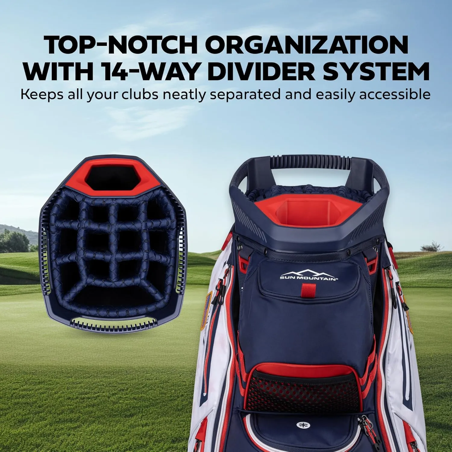 Sun Mountain 2025 C-130 14 Way Golf Bag with Full-Length Dividers and 11 Pockets for Ultimate Convenience - Lightweight Golf Cart Bag with Cart Strap Pass-Through Ideal for Golf Carts
