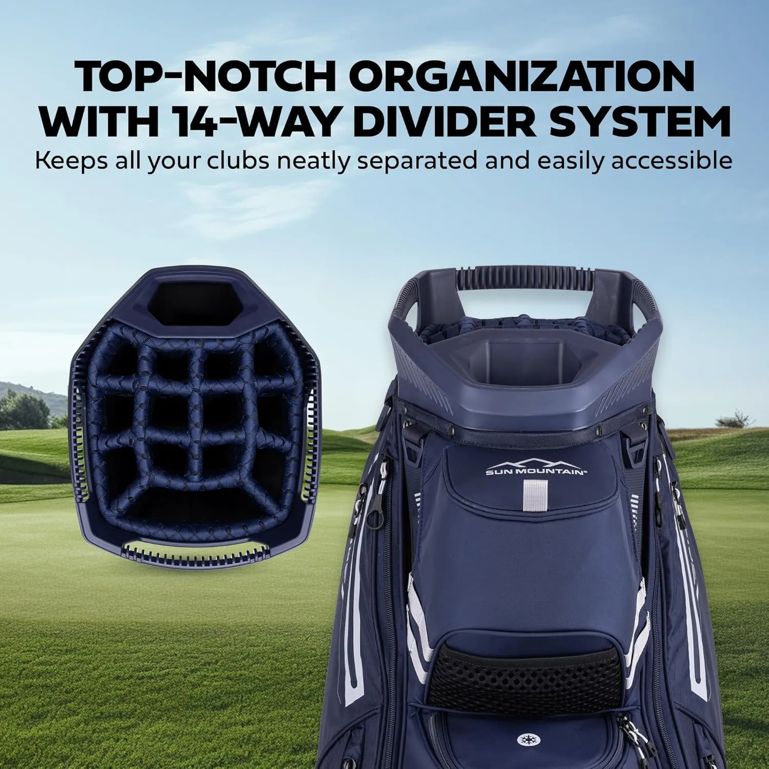 Sun Mountain 2025 C-130 14 Way Golf Bag with Full-Length Dividers and 11 Pockets for Ultimate Convenience - Lightweight Golf Cart Bag with Cart Strap Pass-Through Ideal for Golf Carts