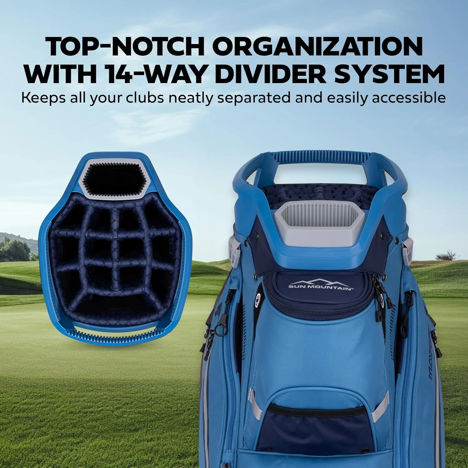 Sun Mountain 2025 Maverick 14 Way Divider Golf Bag with 9 Spacious Pockets - Lightweight Golf Bag for Men and Women with Ergonomic Shoulder Straps Ideal for Both Carts and Walking