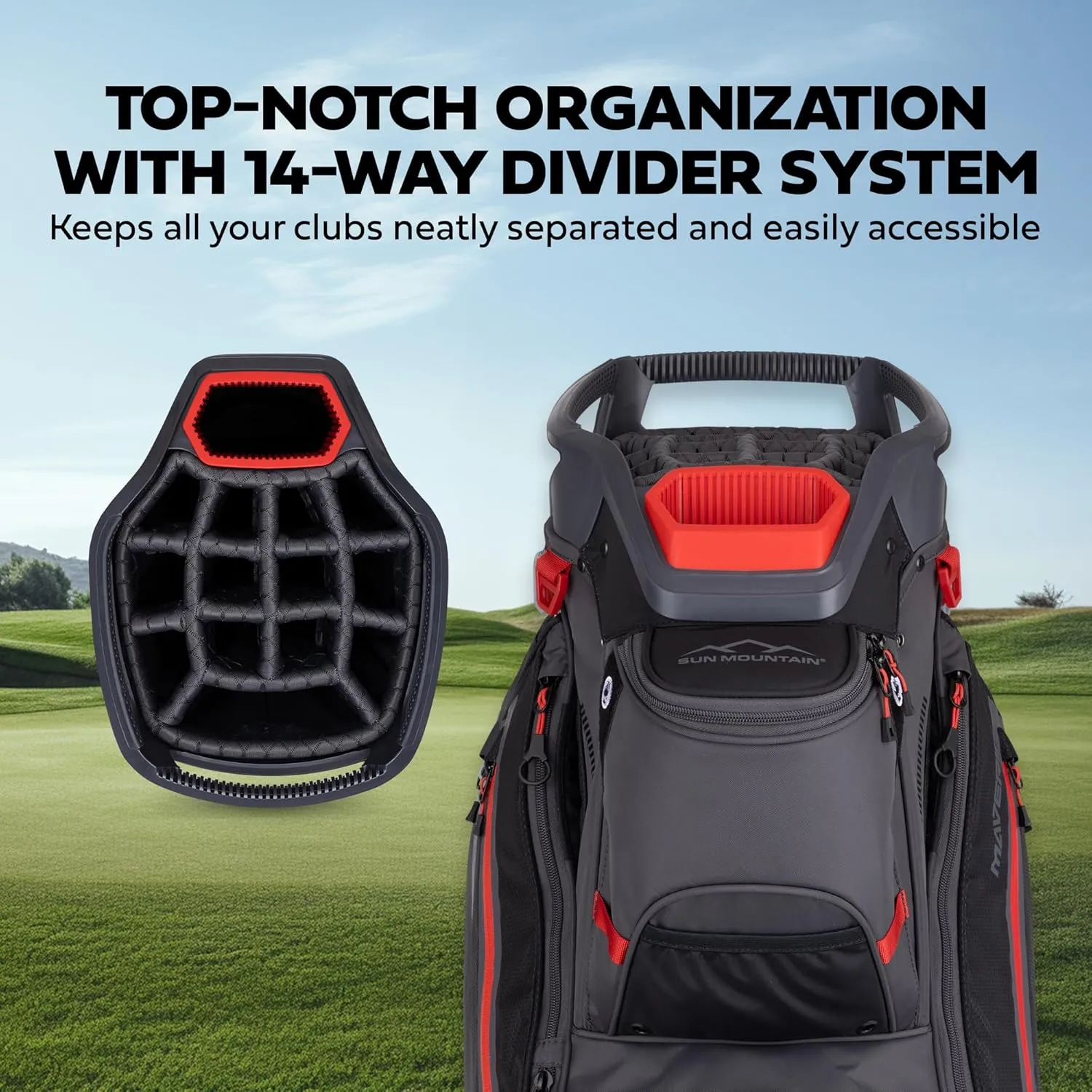 Sun Mountain 2025 Maverick 14 Way Divider Golf Bag with 9 Spacious Pockets - Lightweight Golf Bag for Men and Women with Ergonomic Shoulder Straps Ideal for Both Carts and Walking