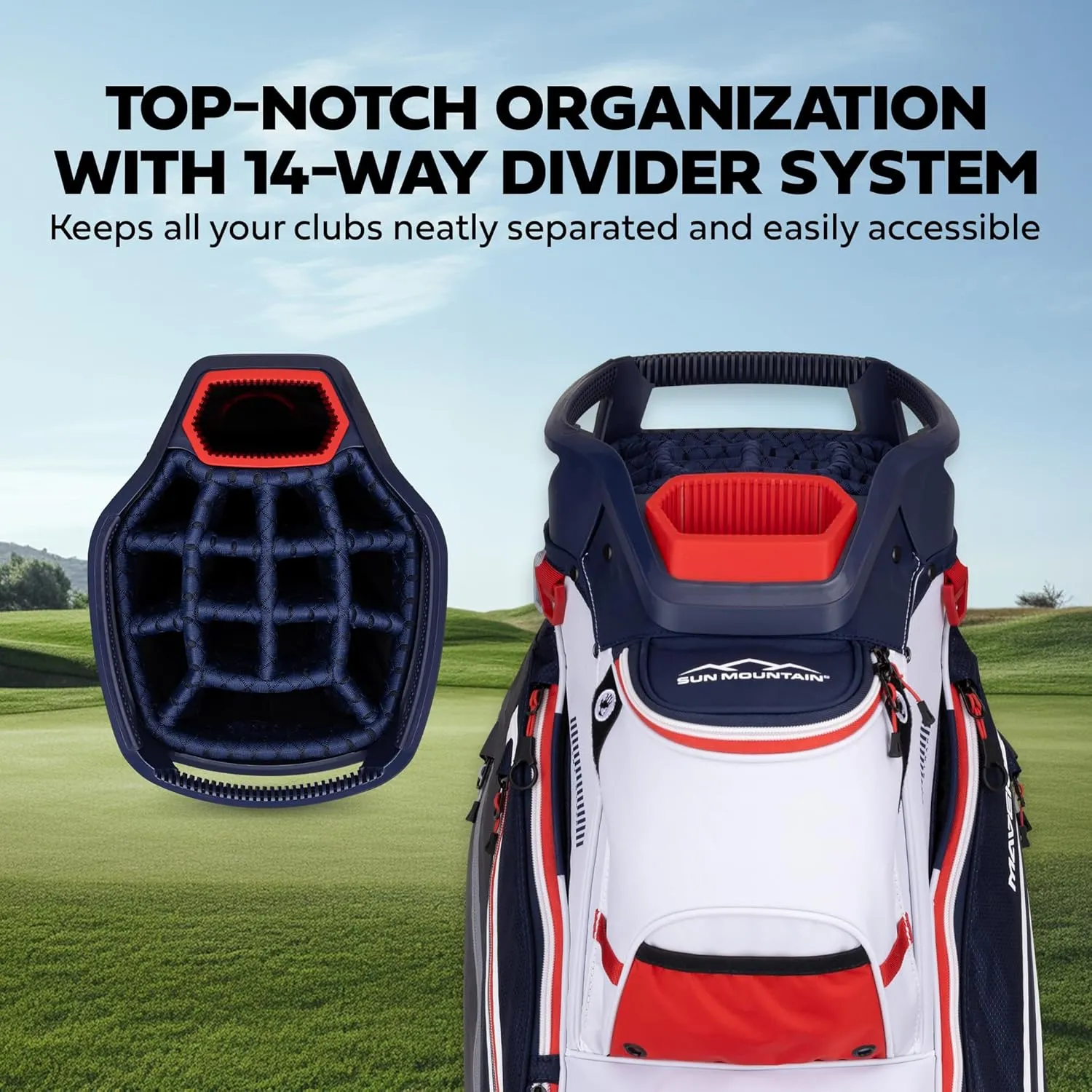 Sun Mountain 2025 Maverick 14 Way Divider Golf Bag with 9 Spacious Pockets - Lightweight Golf Bag for Men and Women with Ergonomic Shoulder Straps Ideal for Both Carts and Walking