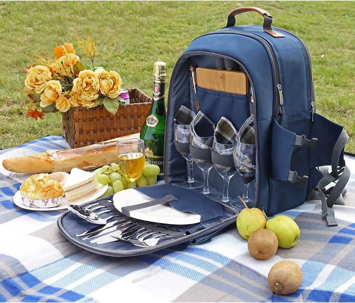 Sunflora Picnic Backpack for 4 Person with Blanket Picnic Basket Set for 2 with Insulated Cooler Wine Pouch for Family Couples (Navy Blue)