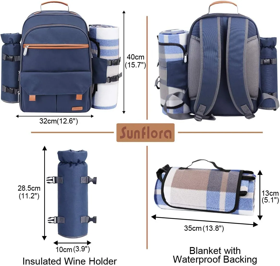 Sunflora Picnic Backpack for 4 Person with Blanket Picnic Basket Set for 2 with Insulated Cooler Wine Pouch for Family Couples (Navy Blue)