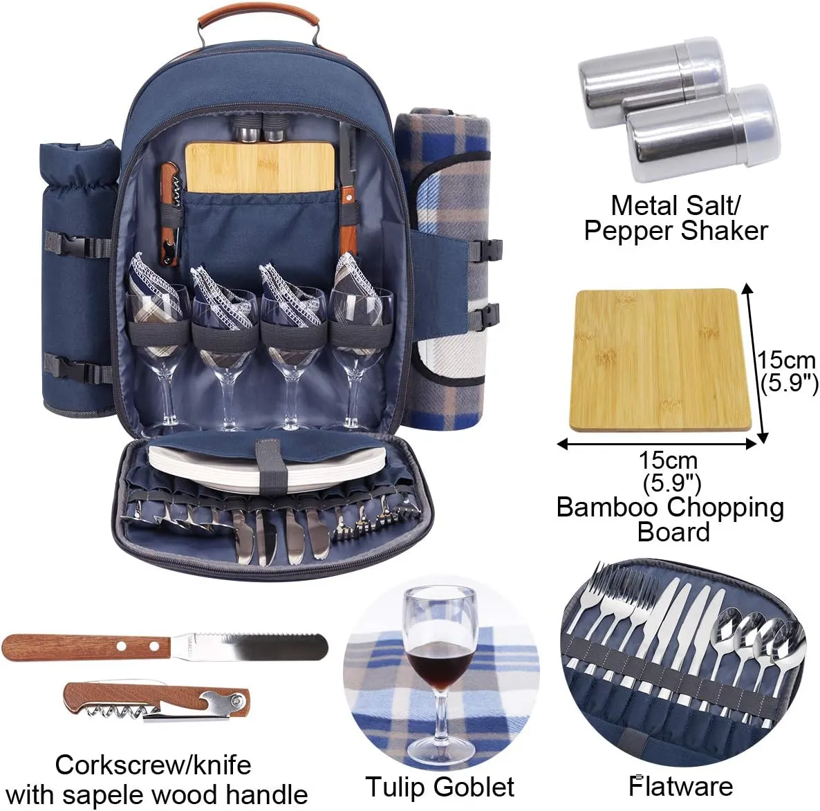 Sunflora Picnic Backpack for 4 Person with Blanket Picnic Basket Set for 2 with Insulated Cooler Wine Pouch for Family Couples (Navy Blue)