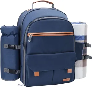 Sunflora Picnic Backpack for 4 Person with Blanket Picnic Basket Set for 2 with Insulated Cooler Wine Pouch for Family Couples (Navy Blue)