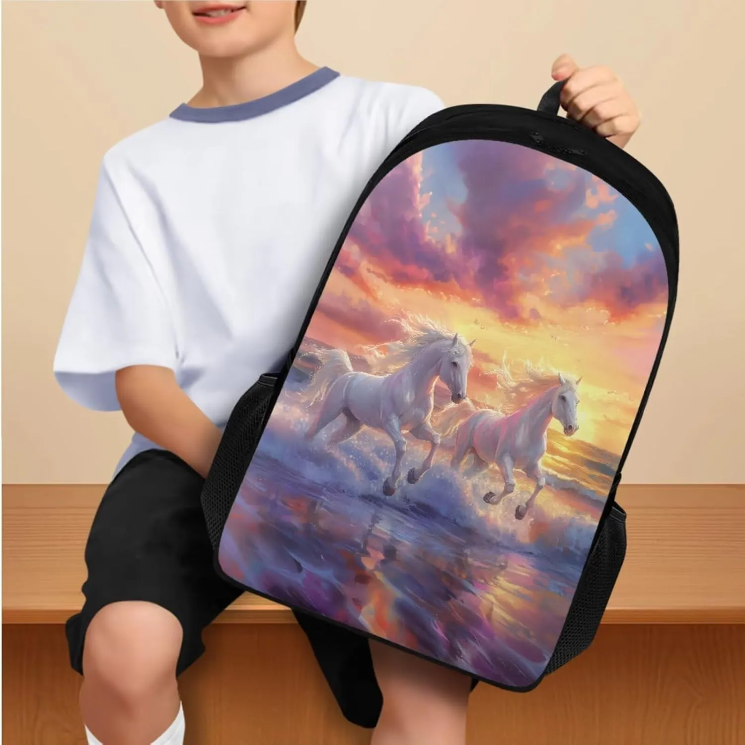 Sunset Horse 5th Grade Backpacks for Girls Bookbags with Lunch Box and Pencil Case 4-in-1 Elementary School Backpack for Girls School Bag with Adjustable Shoulder Strap for Kids
