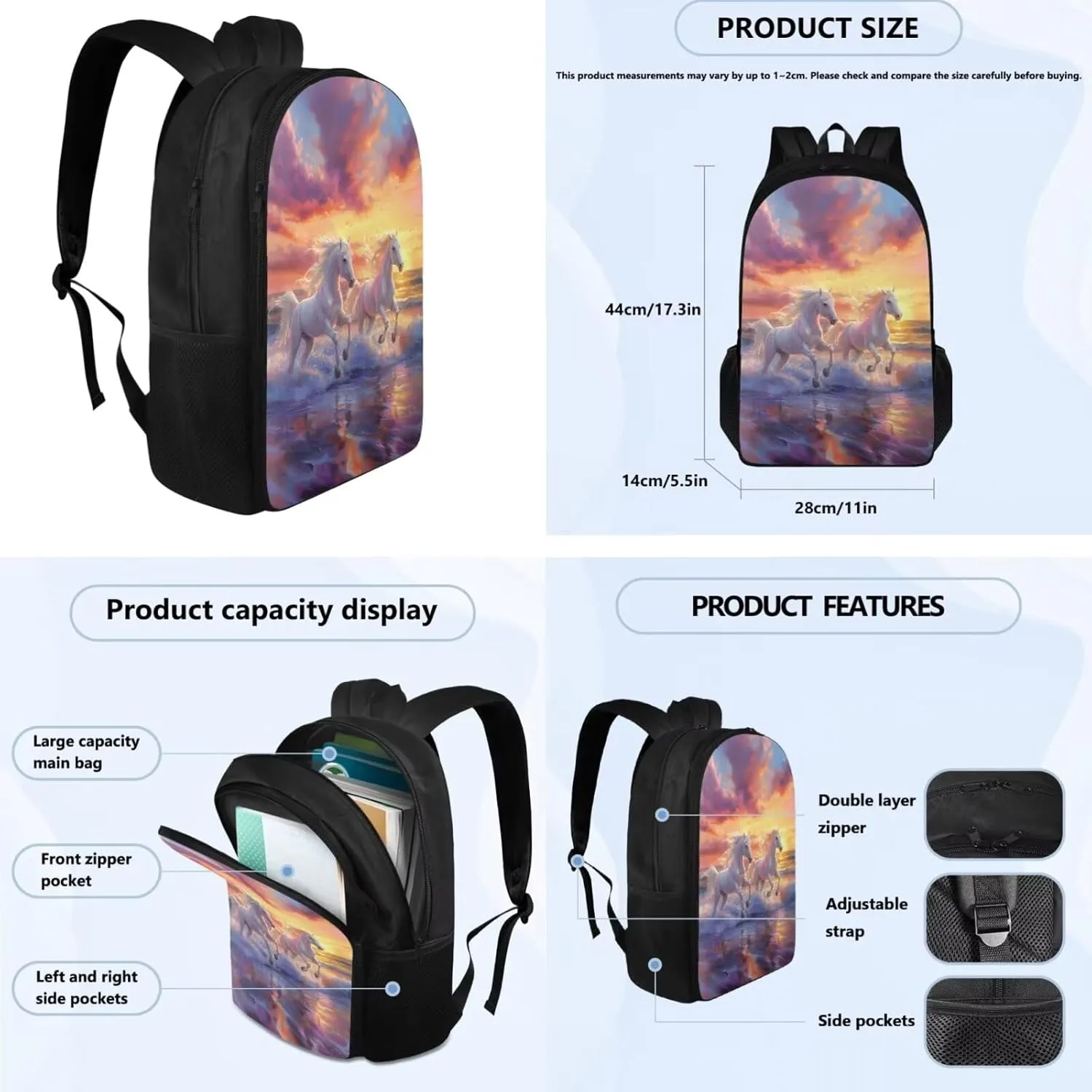 Sunset Horse 5th Grade Backpacks for Girls Bookbags with Lunch Box and Pencil Case 4-in-1 Elementary School Backpack for Girls School Bag with Adjustable Shoulder Strap for Kids