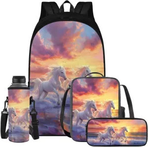 Sunset Horse 5th Grade Backpacks for Girls Bookbags with Lunch Box and Pencil Case 4-in-1 Elementary School Backpack for Girls School Bag with Adjustable Shoulder Strap for Kids
