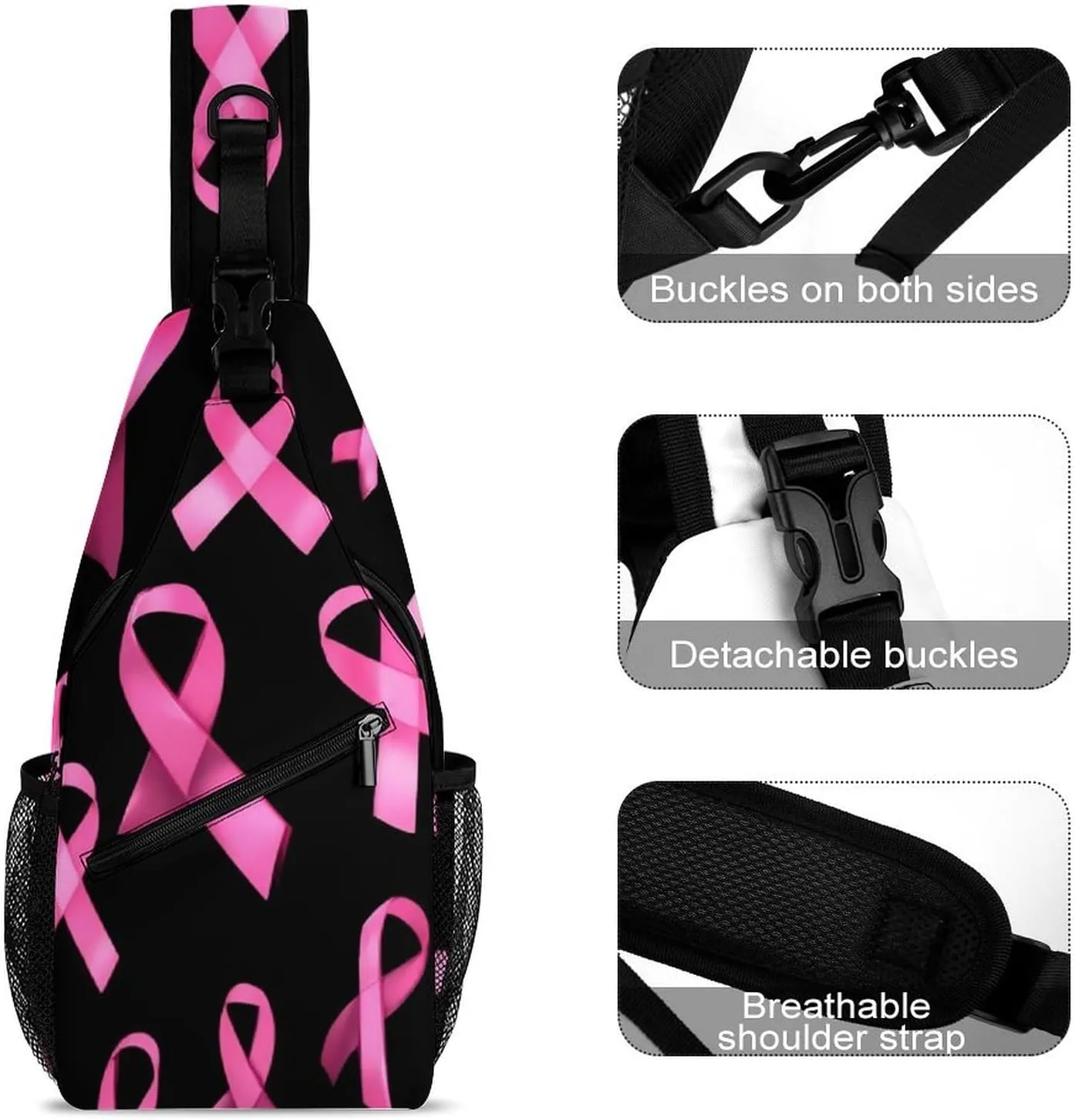 Supdreamc Men & Women Sling Backpack Outdoor Sport Daypack Travel Bag - Multipurpose Anti-Theft Carry On Bag, Breathable Chest Sling Shoulder Backpacks Bags, Breast Cancer Awareness Ribbons Black