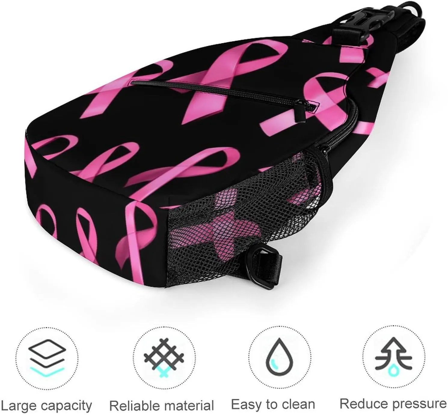 Supdreamc Men & Women Sling Backpack Outdoor Sport Daypack Travel Bag - Multipurpose Anti-Theft Carry On Bag, Breathable Chest Sling Shoulder Backpacks Bags, Breast Cancer Awareness Ribbons Black