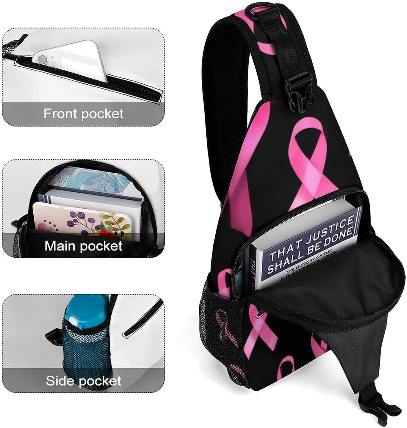 Supdreamc Men & Women Sling Backpack Outdoor Sport Daypack Travel Bag - Multipurpose Anti-Theft Carry On Bag, Breathable Chest Sling Shoulder Backpacks Bags, Breast Cancer Awareness Ribbons Black