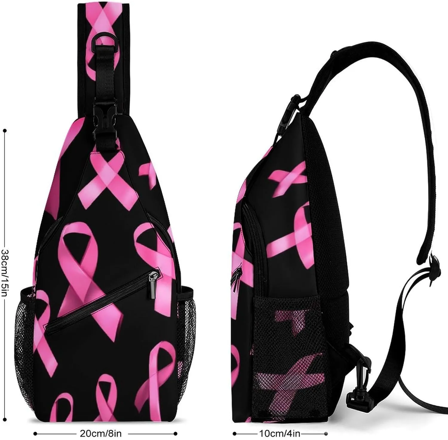 Supdreamc Men & Women Sling Backpack Outdoor Sport Daypack Travel Bag - Multipurpose Anti-Theft Carry On Bag, Breathable Chest Sling Shoulder Backpacks Bags, Breast Cancer Awareness Ribbons Black