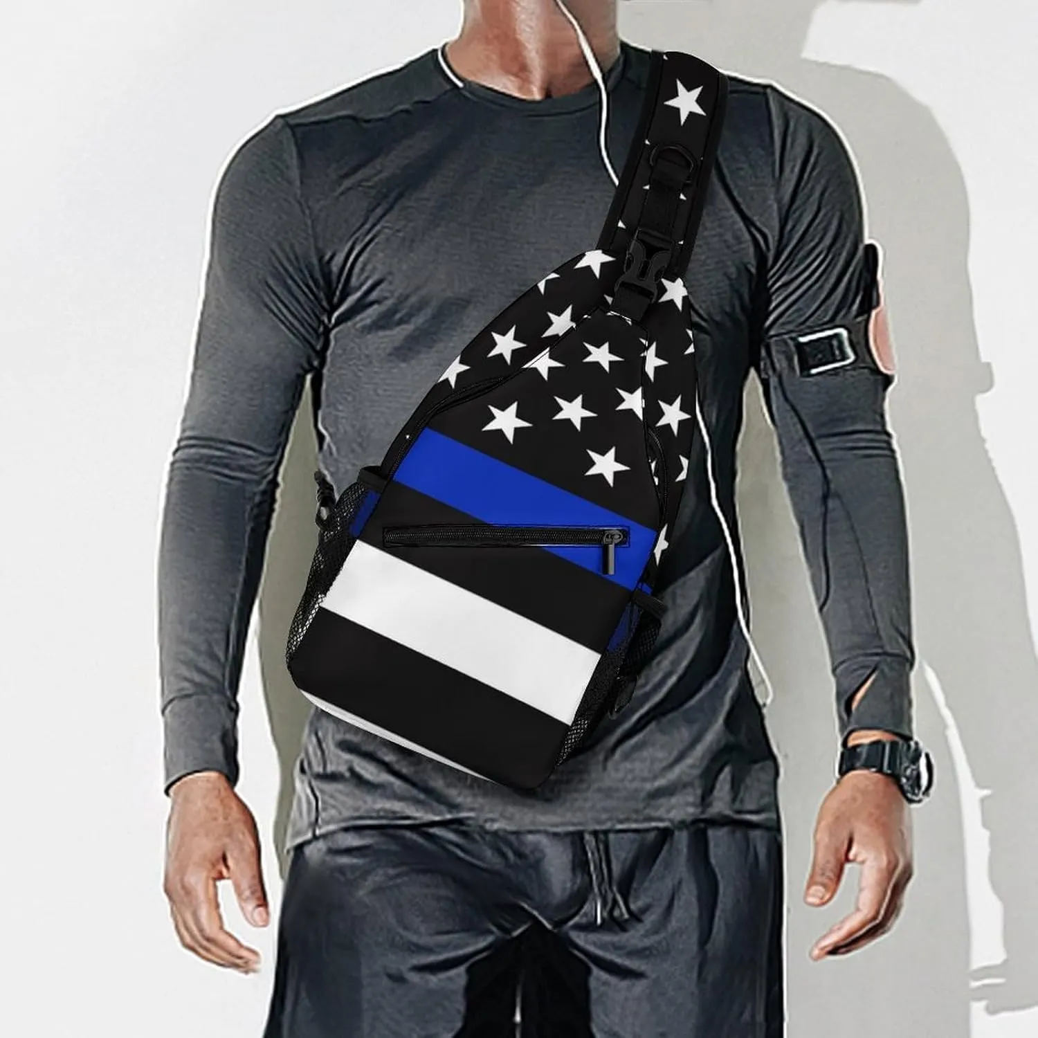 Supdreamc Men & Women Sling Shoulder Backpack Outdoor Sport Daypack Travel Bag - Anti-Theft Multipurpose Tote Bags, American Blue Line Flag Pattern Black Triangle Sling Shoulder Backpacks Bag