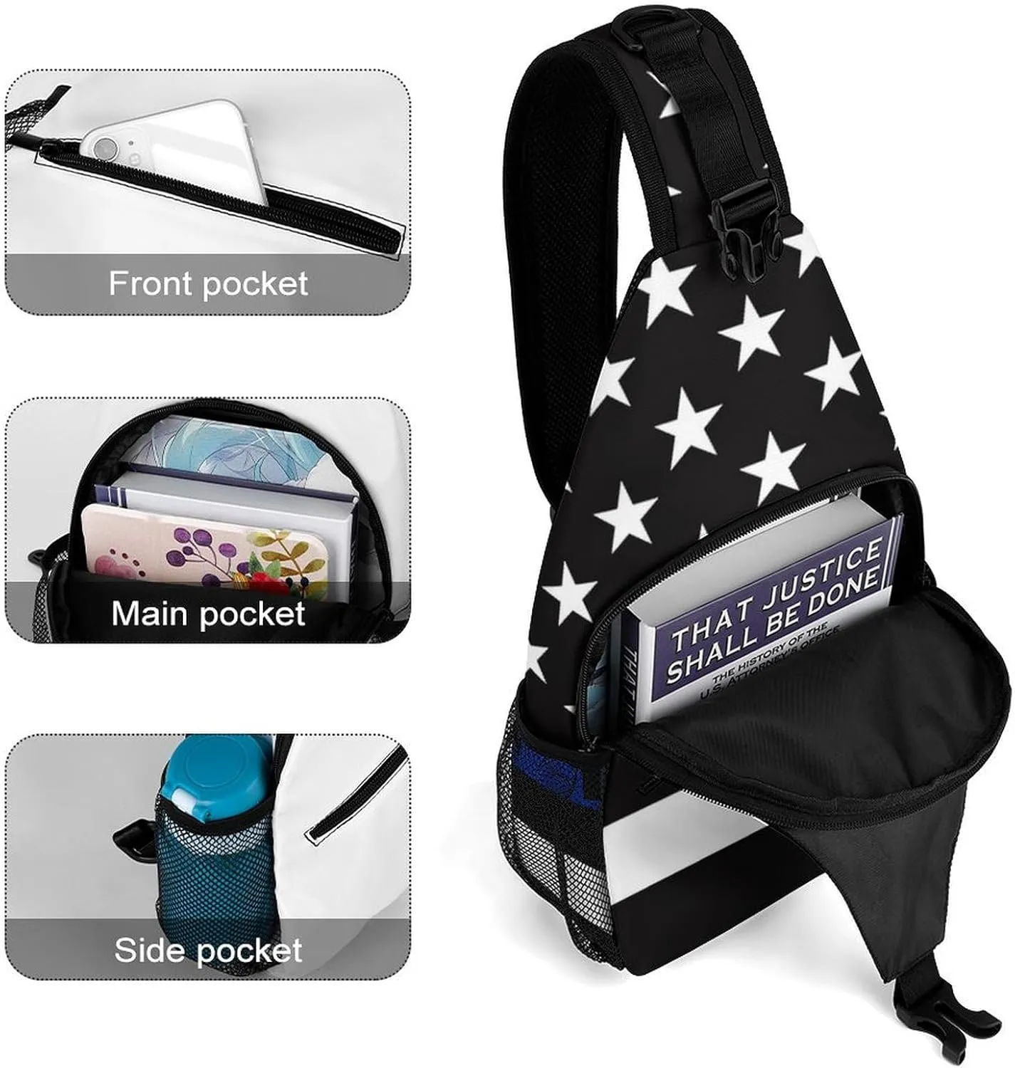 Supdreamc Men & Women Sling Shoulder Backpack Outdoor Sport Daypack Travel Bag - Anti-Theft Multipurpose Tote Bags, American Blue Line Flag Pattern Black Triangle Sling Shoulder Backpacks Bag