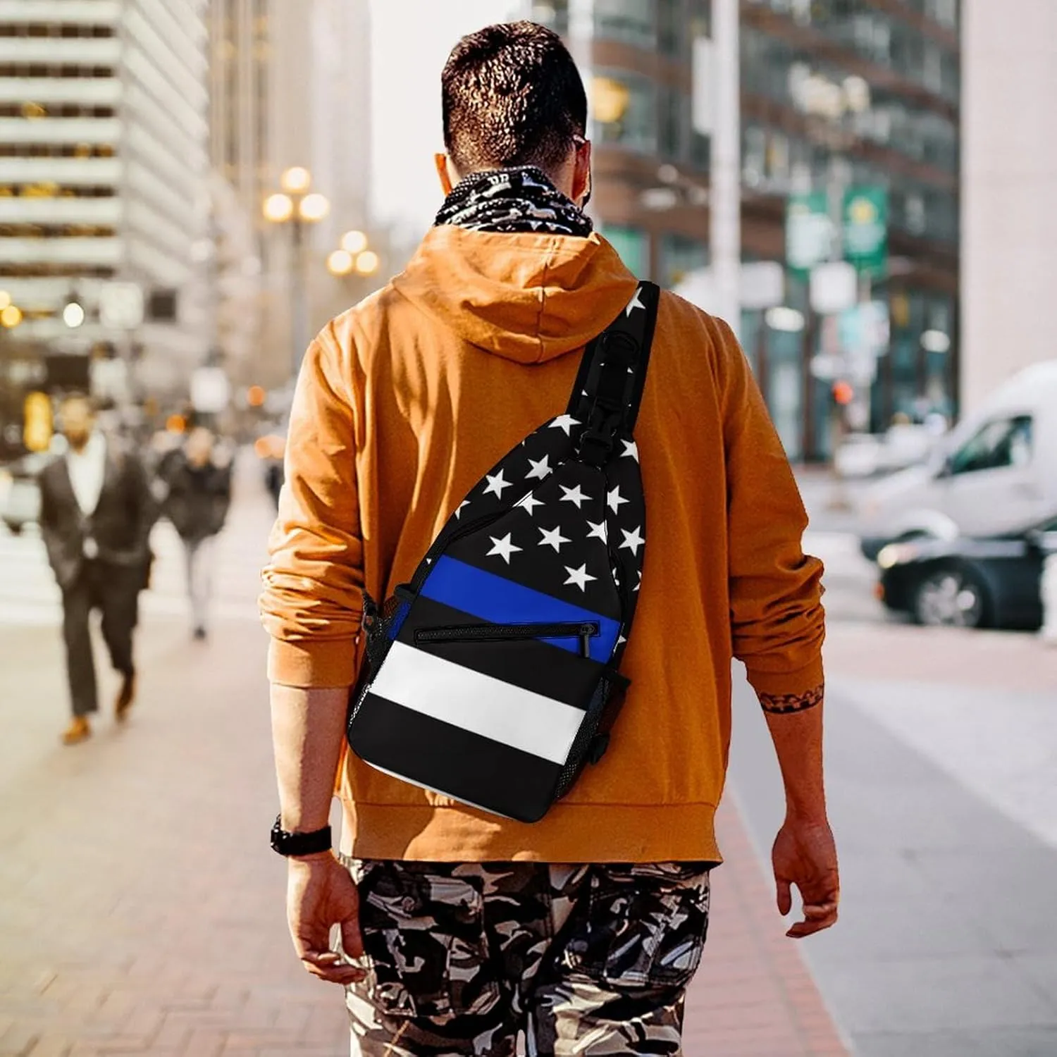 Supdreamc Men & Women Sling Shoulder Backpack Outdoor Sport Daypack Travel Bag - Anti-Theft Multipurpose Tote Bags, American Blue Line Flag Pattern Black Triangle Sling Shoulder Backpacks Bag