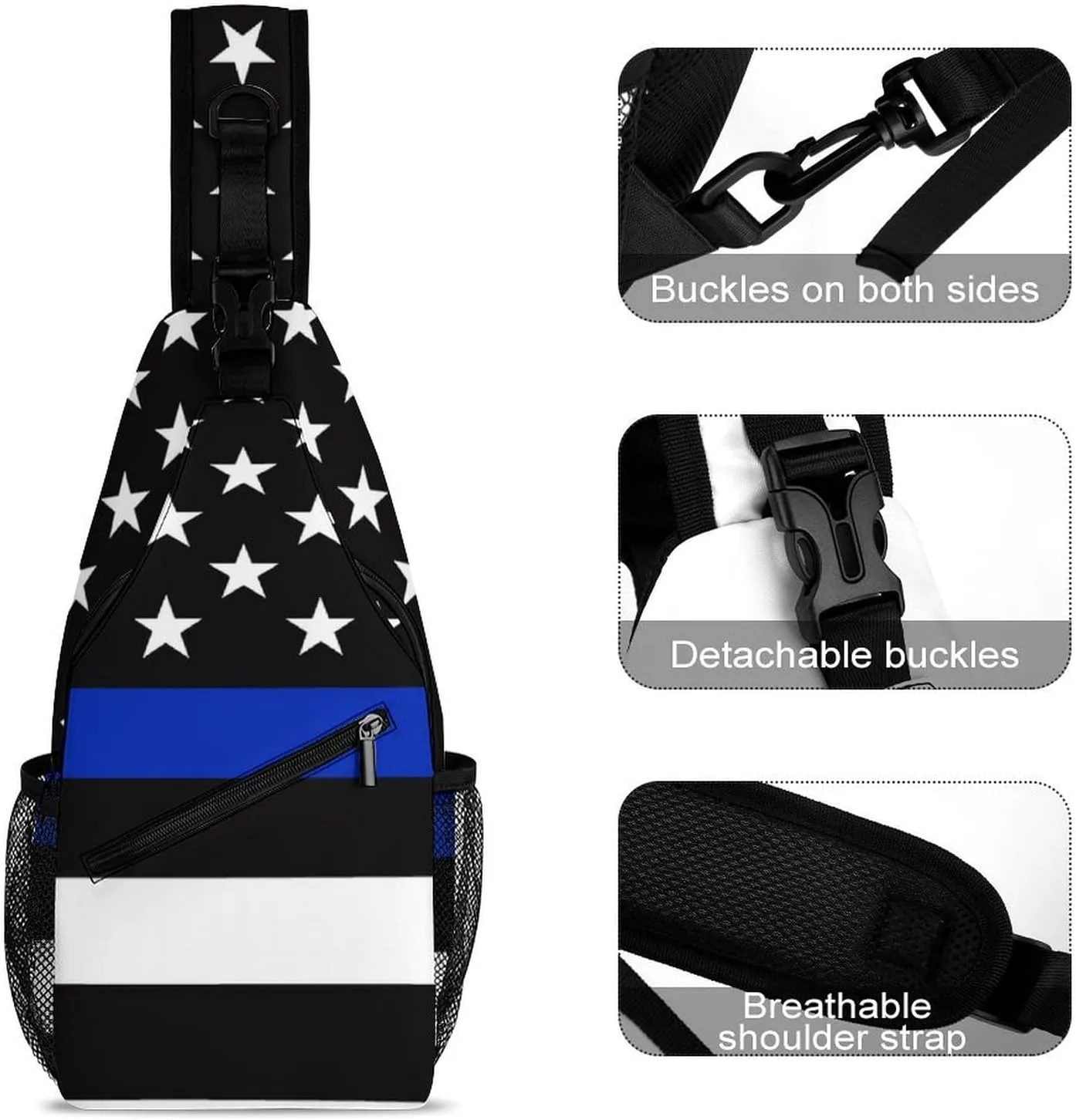 Supdreamc Men & Women Sling Shoulder Backpack Outdoor Sport Daypack Travel Bag - Anti-Theft Multipurpose Tote Bags, American Blue Line Flag Pattern Black Triangle Sling Shoulder Backpacks Bag