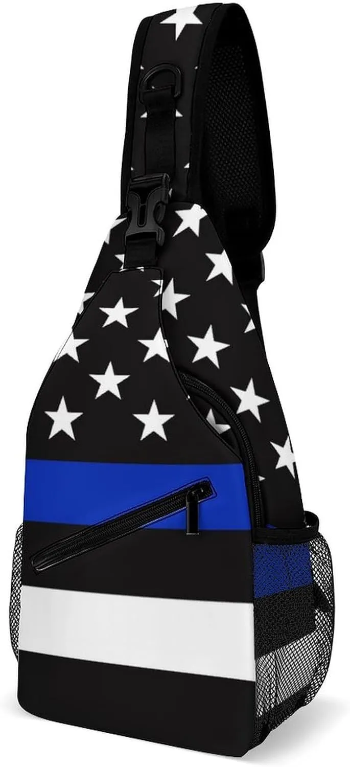 Supdreamc Men & Women Sling Shoulder Backpack Outdoor Sport Daypack Travel Bag - Anti-Theft Multipurpose Tote Bags, American Blue Line Flag Pattern Black Triangle Sling Shoulder Backpacks Bag
