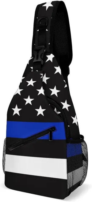 Supdreamc Men & Women Sling Shoulder Backpack Outdoor Sport Daypack Travel Bag - Anti-Theft Multipurpose Tote Bags, American Blue Line Flag Pattern Black Triangle Sling Shoulder Backpacks Bag