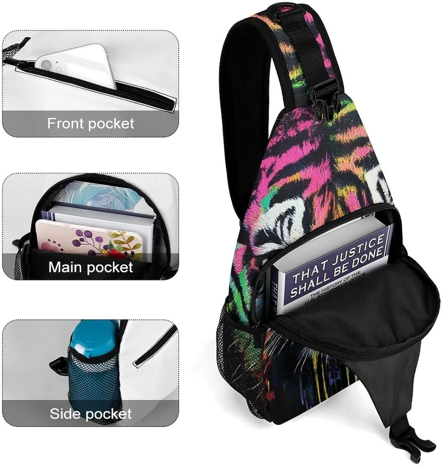 Supdreamc Men & Women Sling Shoulder Backpack Outdoor Sport Daypack Travel Bag - Anti-Theft Multipurpose Tote Bags, Colorful Tiger Triangle Sling Shoulder Backpacks Bag