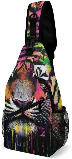 Supdreamc Men & Women Sling Shoulder Backpack Outdoor Sport Daypack Travel Bag - Anti-Theft Multipurpose Tote Bags, Colorful Tiger Triangle Sling Shoulder Backpacks Bag