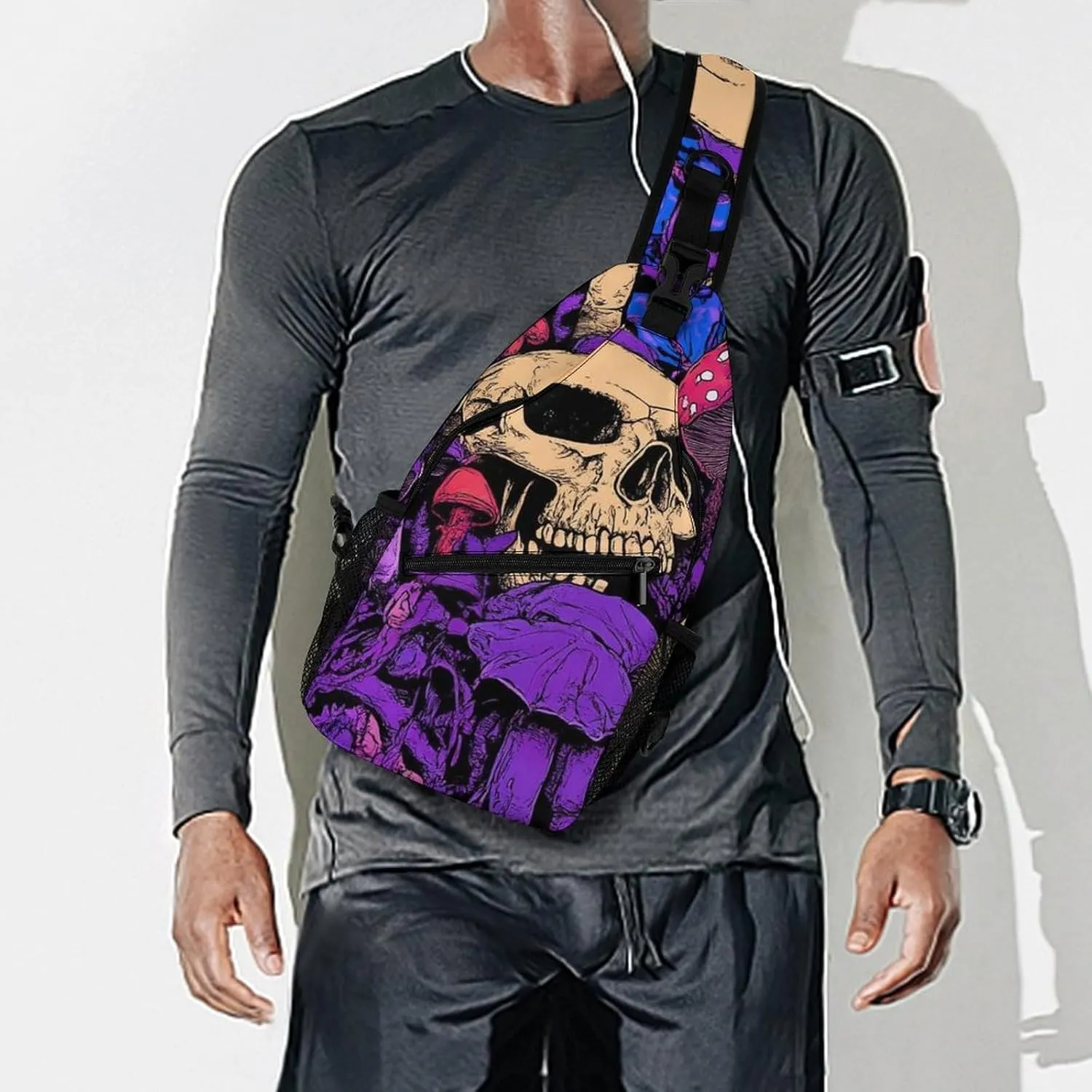 Supdreamc Men & Women Sling Shoulder Backpack Outdoor Sport Daypack Travel Bag - Anti-Theft Multipurpose Tote Bags, Trippy Skull Mushroom Art Purple Triangle Sling Shoulder Backpacks Bag